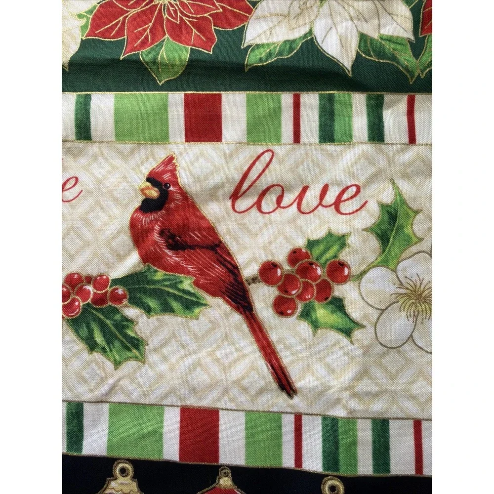 Christmas Carols Birds Poinsettia Stripe Gold Cotton Fabric Wilmington 1.5 Yards
